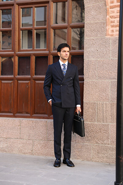 AEK FIORE Erkek Lacivert İçi Silik Mavi Çizgili Kruvaze Takım Elbise