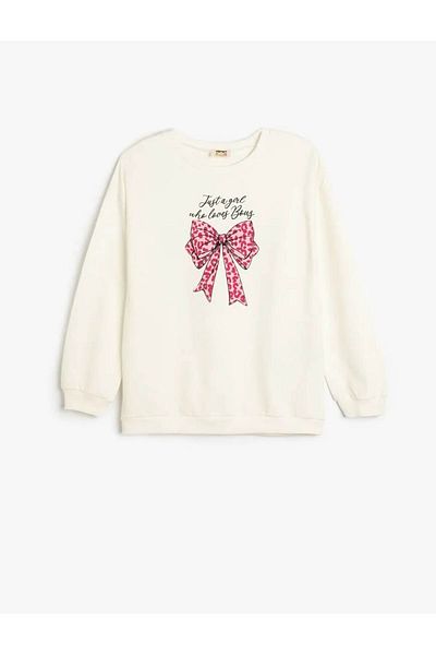 Koton Cotton Long Sleeve Sweatshirt - Bow Print, Crew Neck