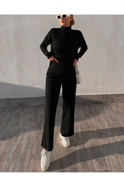 My Blog Schwarzes, geripptes High-Top-Strick-Set – 4671