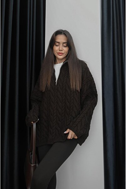 Havoş Kahverengi Yakası Fermuarlı Saç Örgü Kazak