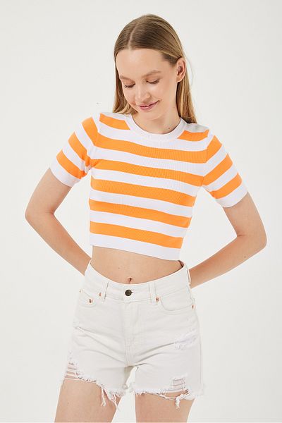 POODLE Γυναικεία Πλεκτή Μπλούζα με ριγέ Crew Neck Crop