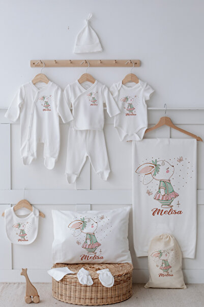 Astral Baby İsimli %100 Organik Pamuk 12'li Hastane Çıkışı Yeşil Elbiseli Tavşan