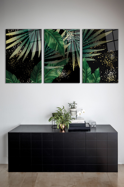 Vosevu Gold Detaylı Tropikal Yapraklar 3'lü Cam Tablo Seti, Modern Ev Dekoru,...