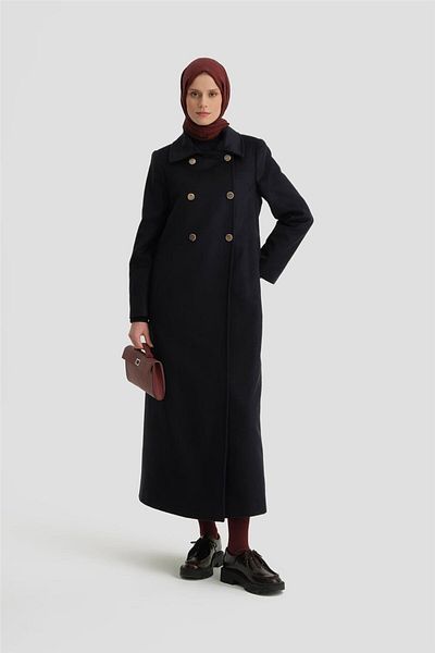 Armine Navy Blue Double Breasted Coat - 24K8100