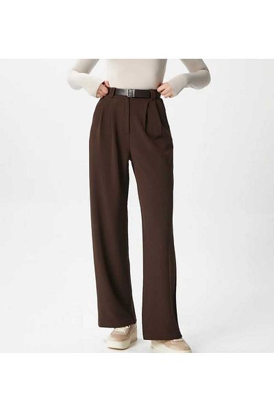 NEVEGE BUTİK Women's Licra Belt Comfortable Cut Palazzo Pants-Brown