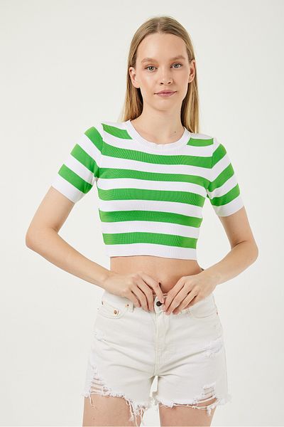 POODLE Γυναικεία Πλεκτή Μπλούζα με ριγέ Crew Neck Crop