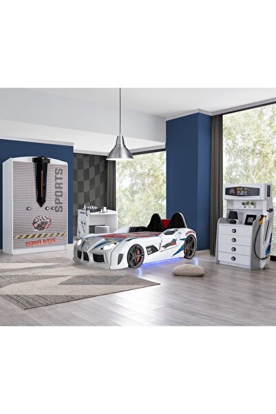 Setay Çocuk Odası - Audi Koltuklu Arabalı Yatak, Sports 3 Kapılı Dolap, Masa, Şifonyer - Beyaz