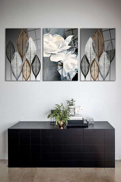 Vosevu Abstract Floral Black Grey Set of 3 Glass Paintings, Modern Home and Office Decor, Gift Wall Decoration