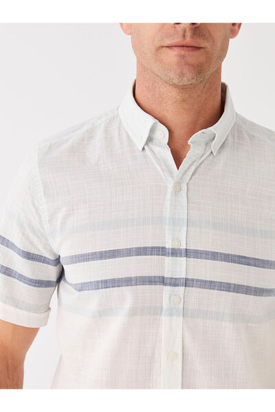 LC Waikiki Λευκό ανδρικό πουκάμισο με κοντό μανίκι με ρίγες κανονικής εφαρμογής