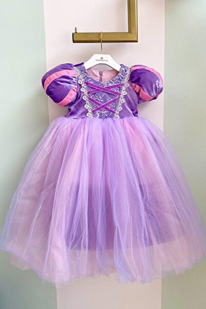 Turuncu Gardrop Rapunzel Kız Çocuk Kostüm Kadife Kollu Lila Hotcouture
