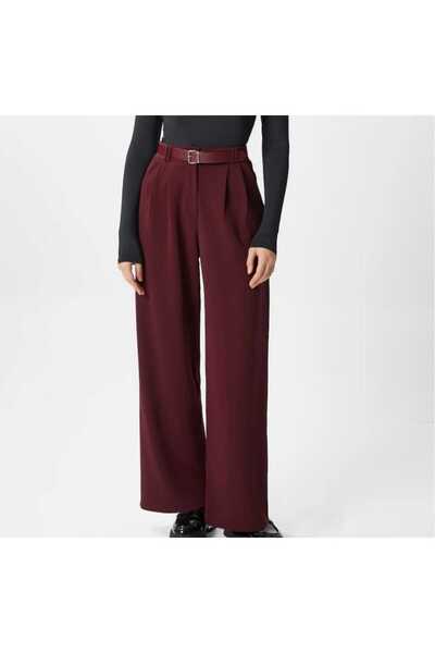 NEVEGE BUTİK Burgundy Women's Palazzo Pants - Lycra, Belt and Relaxed Fit