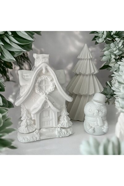 mika house Taş Obje Alçı Kış Evi Kardan Adam Çam Ağaç Figur Boyama Çocuk Etki...