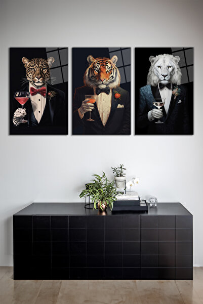 Vosevu Aslan, Kaplan ve Jaguar Portresi 3'lü Cam Tablo Seti, Modern Ev Dekoru...