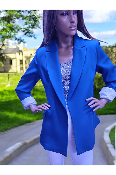 modayiğit Saks mavisi kadın Blezar ceket beyaz çizgili astarlı katlamalı kol