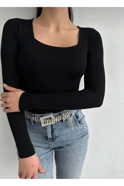 nura Black Women's Square Neck Full Lycra Bottom Snap Bodysuit