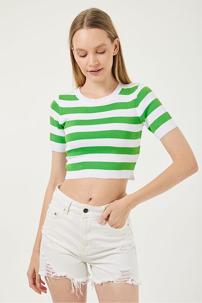 POODLE Γυναικεία Πλεκτή Μπλούζα με ριγέ Crew Neck Crop