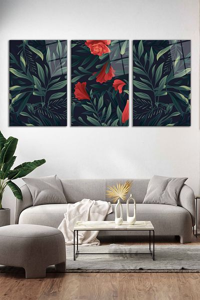 Vosevu Red Flower and Leaves 3-Piece Glass Painting Set, Modern Home and Office Decor Gift Wall Decoration