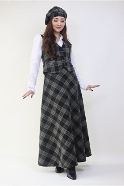 Bezzazzen likralı yeşil ekose yelek