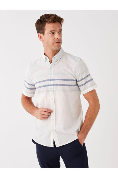 LC Waikiki Λευκό ανδρικό πουκάμισο με κοντό μανίκι με ρίγες κανονικής εφαρμογής