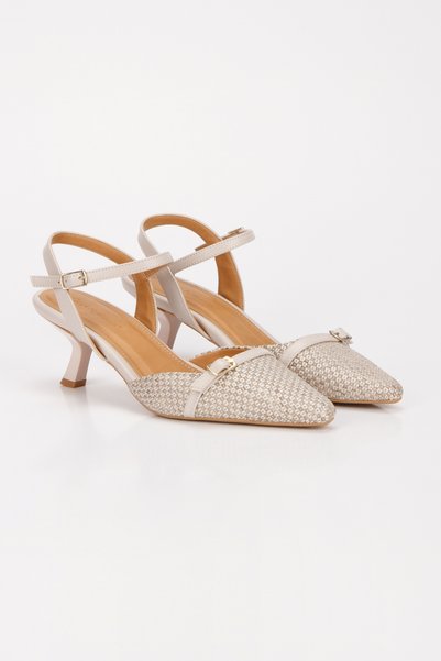 UĞURÖKÇE Women's Beige Heeled Stiletto with Straw Detail