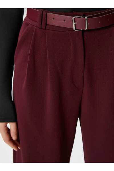 NEVEGE BUTİK Burgundy Women's Palazzo Pants - Lycra, Belt and Relaxed Fit