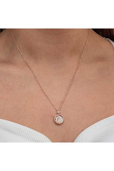 Skygo Silver Rose Mother of Pearl Stone Moon Star Crescent Women's Necklace