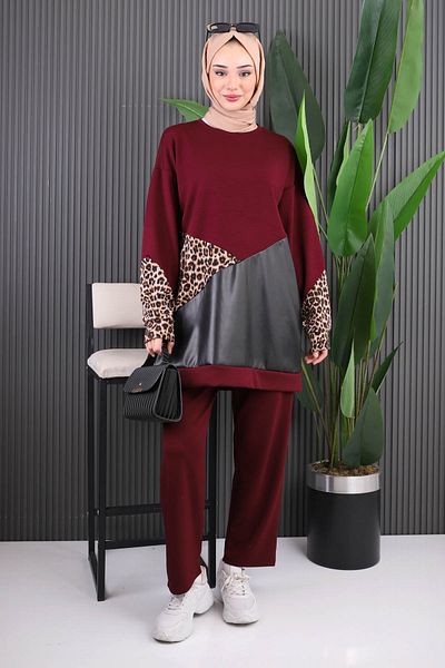 İmajButik Κοστούμι παντελόνι με μπορντό δερμάτινο γαρνιρισμένο Modal Tunic
