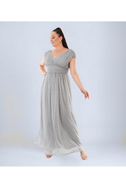 OTHERONE Omuzları Taşlı Büzgülü Simli Tül Abiye Elbise