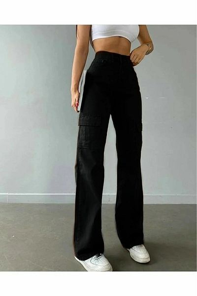 DRC trend Alex Women's High Waist Black Colorfast Lycra Back Pocketless Model Cargo Pocket Palazzo Pants