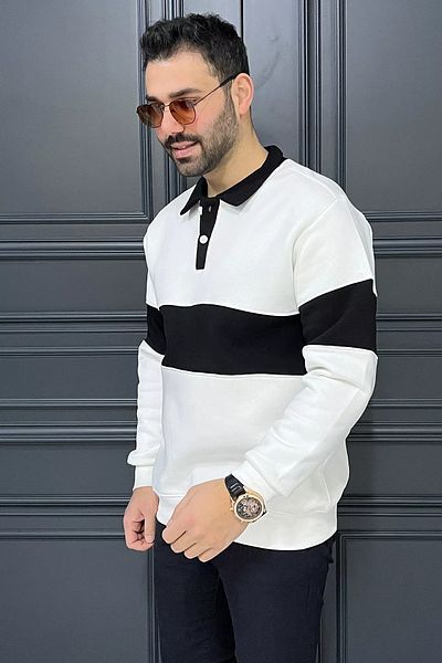 MİSHAR İTALİA Hanorac pentru bărbați, alb și negru, cu guler polo, cu trei fire, cu detaliu în dungi