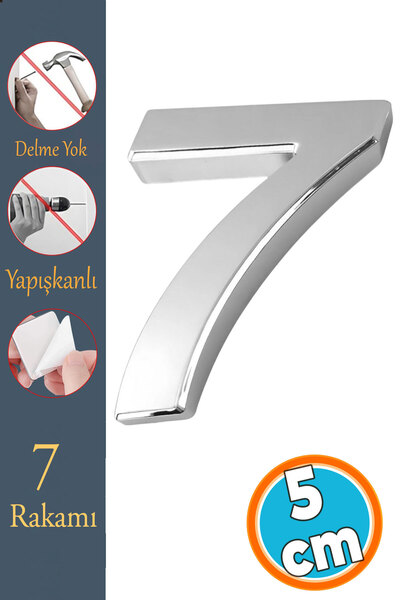 NZB Kapı Numarası Yapışkanlı Küçük Boy 50 mm 5 cm Numara 7 Rakam Yedi Sayısı Krom Renk Numaralar 1 Adet