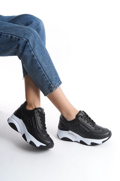 Moda Değirmeni Pantofi sport confortabili de zi cu zi pentru femei cu piele neagră, cu talpă groasă, BG1154-101-0006