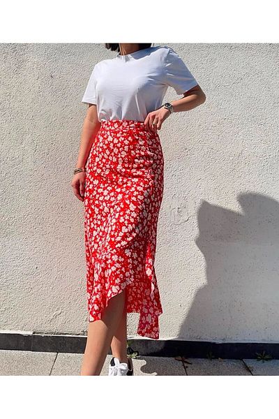 Tuğba Ceylin Butik Women's Summer Crepe Fabric Floral Skirt