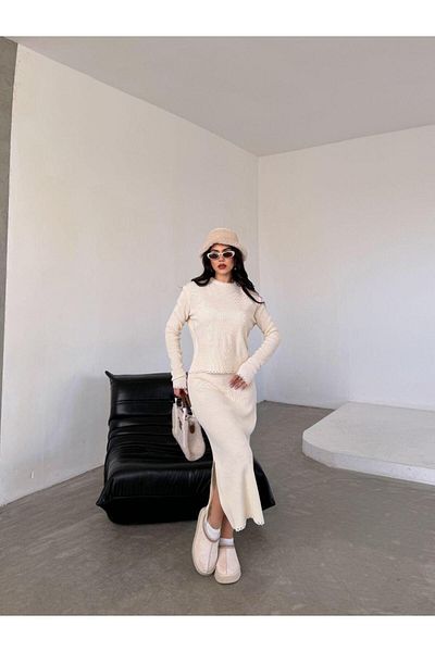 stg spor toptan giyim Set de pulover și fustă din tricot perforat crem pentru femei