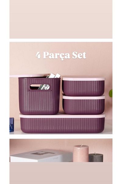 Bayev Purple 4-Piece Storage Set - Bathroom Organizer with Lid, 3 Sizes Multi-Purpose Storage Bins