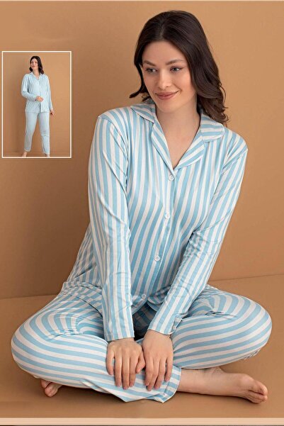 Hipo Trend Prugasto Beželjasto plavi set pidžama sa prednjim dugmićima
