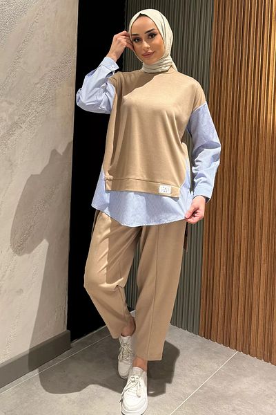 julude Μπεζ πουκάμισο Garnished Sweat Παντελόνι Hijab Διπλό Σετ