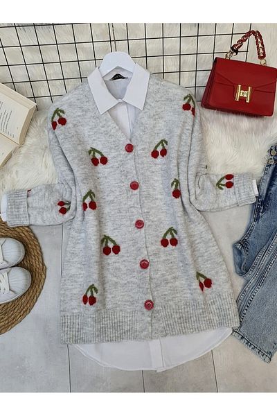 Modamorfo Buttoned Cherry Embroidered Soft Cardigan