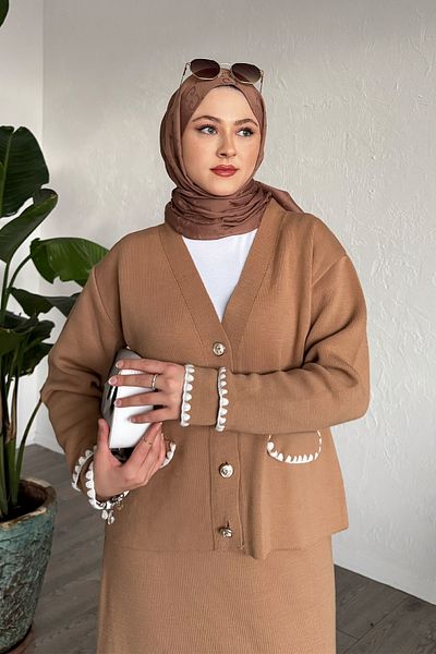 InStyle Σετ πλεκτά Camel με φούστα με λεπτομέρεια ραφής