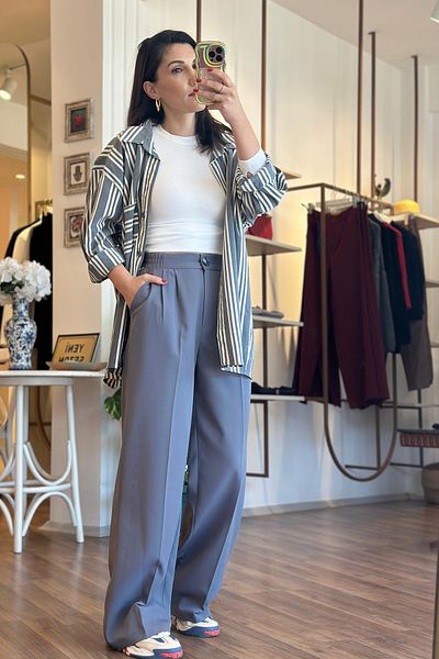 Unique Boutique Gray Anti-Wrinkle Fabric Palazzo Trousers with Elastic Waist