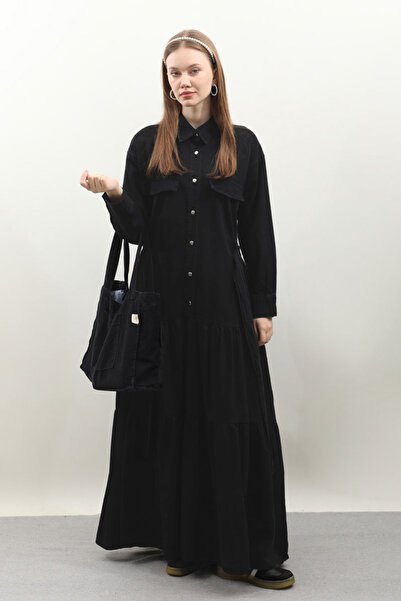 ZÜLAYS Yarım Düğmeli Kot Elbise Siyah