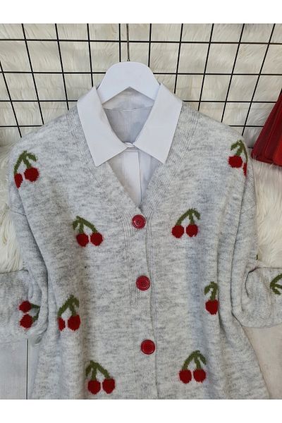 Modamorfo Buttoned Cherry Embroidered Soft Cardigan