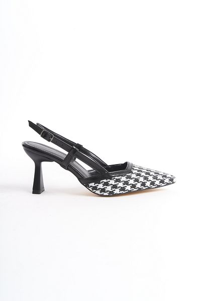 Shoesers Women's Special Design Checkered Straw Design Pointed Toe Ankle Strap Heeled Shoes