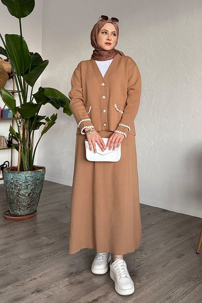 InStyle Σετ πλεκτά Camel με φούστα με λεπτομέρεια ραφής