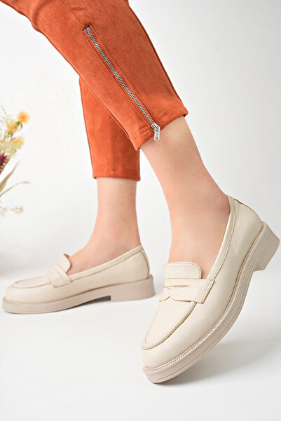 GRADA Bej Hakiki Deri Kadın Loafer Ayakkabı Günlük Mokasen Bağcıksız Hakiki Deri