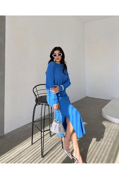 stg spor toptan giyim Women's Saksblue Ripped Knit Sweater and Skirt Split Top and Bottom Set