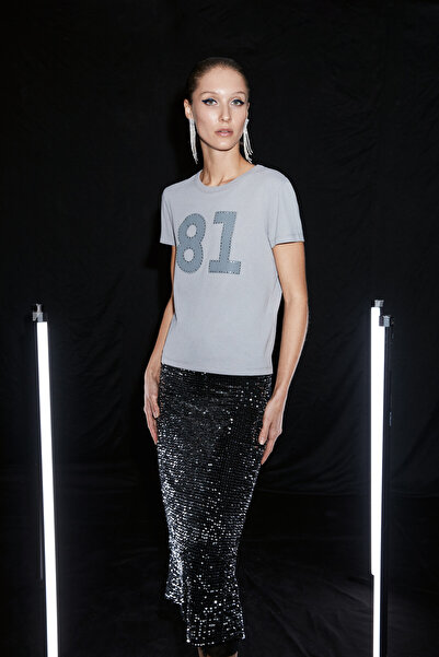 ETHIQUET Since Women's Regular Printed Rhinestone Round Neck Light Gray T-Shirt