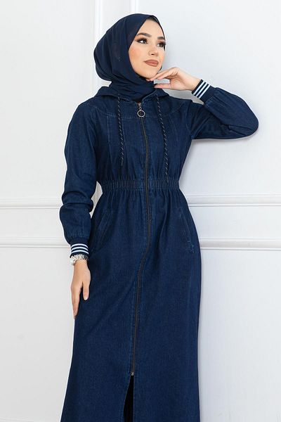 Modamihram Dark Blue Hoodie and Elastic Waist Jeans Set - 19362