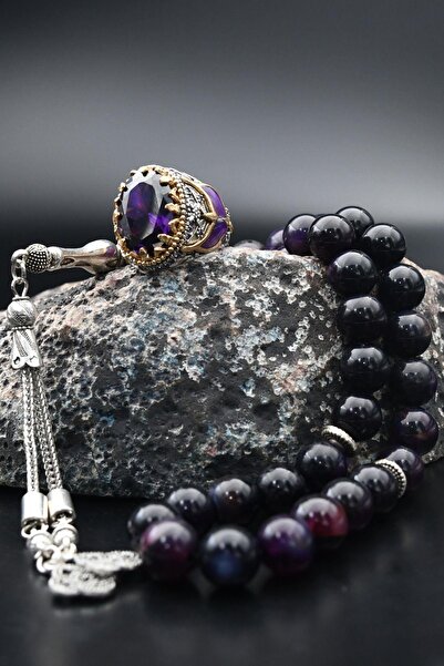 Prestige 925 Ayar Gümüş Erkek Yüzüğü Ametist Taşlı Ve 33'lük Ametist Taşlı Te...