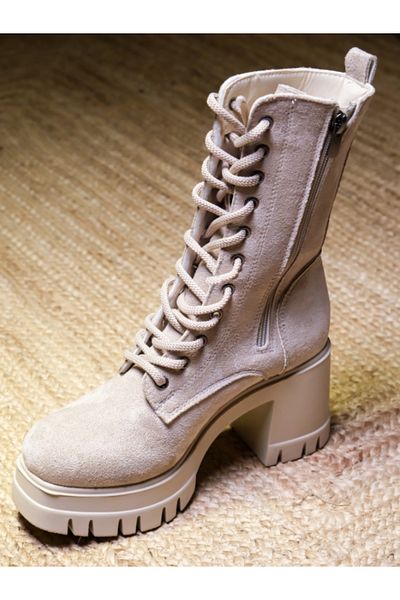 Munshoes Emma Lace-Up Beige Suede Γυναικείες Μπότες